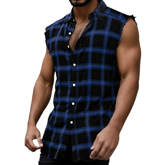 Sopiago Men's Summer Beach Tank Tops Sleeveless Button Up Shirt Casual Flannel Plaid Tank Shirts Dark Blue,M