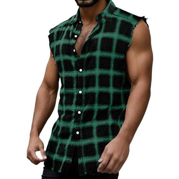 Sopiago Men's Summer Beach Tank Tops Sleeveless Button Up Shirt Casual Flannel Plaid Tank Shirts Green,L