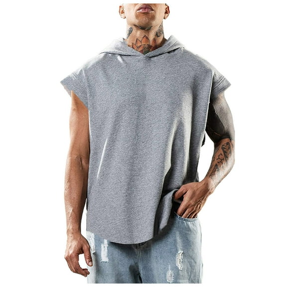 Sopiago Men's Workout Hooded Tank Tops Sleeveless Gym Tank Tops for Men Hoodies Bodybuilding Muscle Cut Off T-Shirts Grey,L