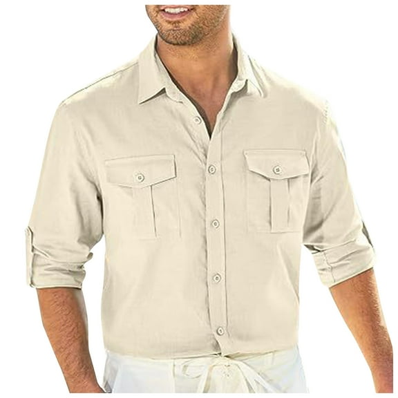 Sopiago Mens Linen Shirts Big and Tall Cotton Linen Shirts Casual Button Down Shirt Men Long Sleeve Solid Color Long Sleeve Work Tops 2025 Fall Blouses Beige,L