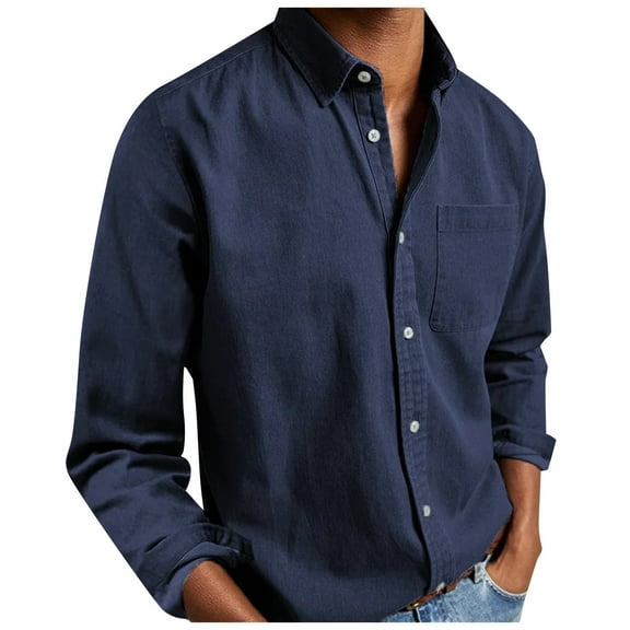 Sopiago Mens Linen Shirts Big and Tall Cotton Linen Shirts Casual Men's Long Sleeve Button Down Shirts Solid Color Long Sleeve Work Tops 2025 Fall Blouses Navy,3XL