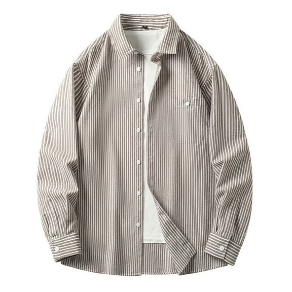 Sopiago Mens Long Sleeve Shirt Casual Shirts for Men Linen Button Down Shirt Men Striped Shirt Khaki,L