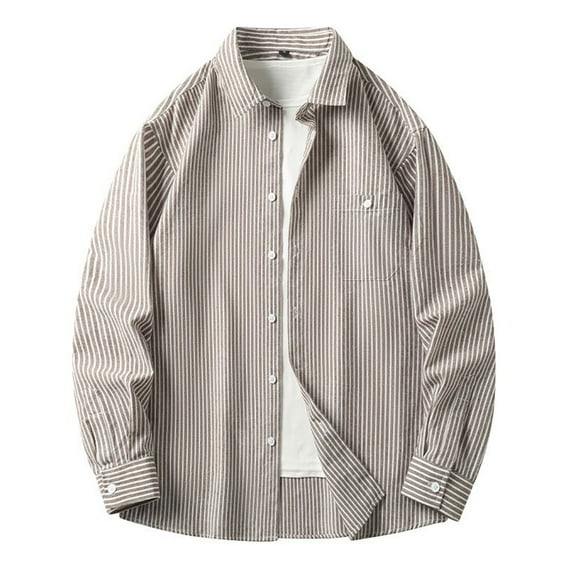Sopiago Mens Long Sleeve Shirt Casual Shirts for Men Linen Button Down Shirt Men Striped Shirt Khaki,M