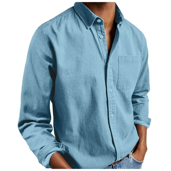 Sopiago Mens Shirts Button Down Big and Tall Cotton Linen Shirts Casual Long Sleeve Linen Shirts for Men Solid Color Long Sleeve Work Tops 2025 Fall Blouses Sky Blue,XXL