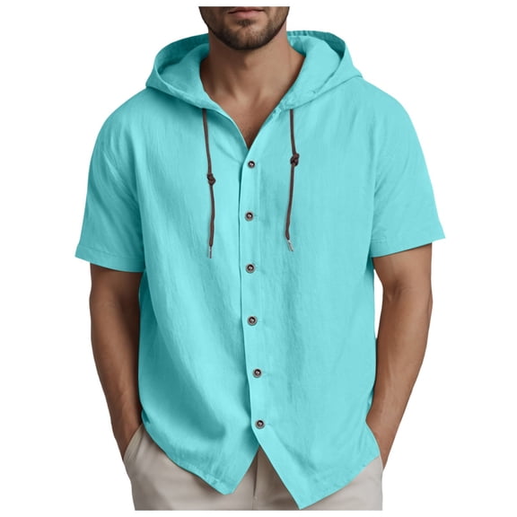 Sopiago Mens Short Sleeve Linen Shirt Casual Roll-Up Sleeve Mens Shirts Button Down Summer Shirts Tops with Hood Beach Blue,S