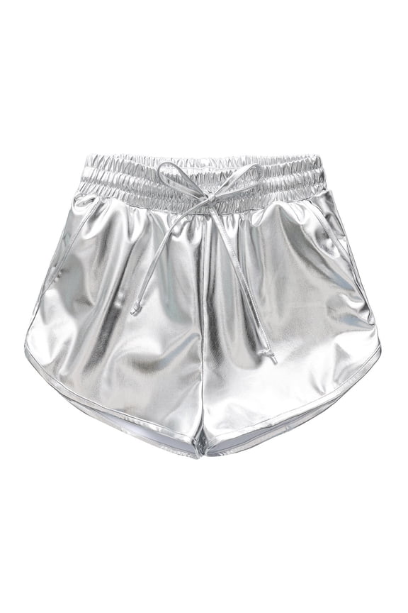 Metallic Shorts for Girls Sparkly Dance Sequin Shorts Girls Outfits Elastic Drawstring Shiny Hot Short Pants (Silver,9-10 Years)