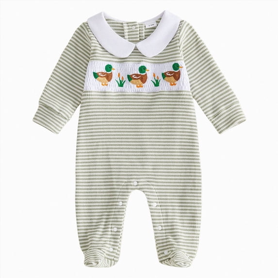 Sopiago Newborn Baby Boy Footie Fall Winter Pajamas Cartoon Print Collared Footed Romper Waffle Infant Boys Clothes(Green,Newborn)