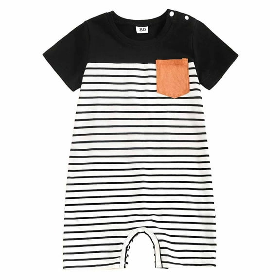 Sopiago Baby Boy Romper Short Sleeve Crew Neck Stripe Button Baby Jumpsuit with Pockets One Piece Summer Clothes Outfit Black,0-3 Months