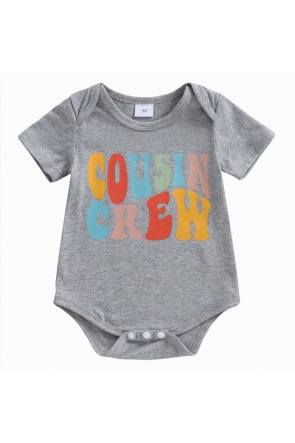 Newborn Baby Girl Boy Romper Short Sleeve Cousin Crew Shirt Crewneck Bodysuit Colorful Print Casual Infant Summer Clothes 1-18 Month Grey,3-6 Months
