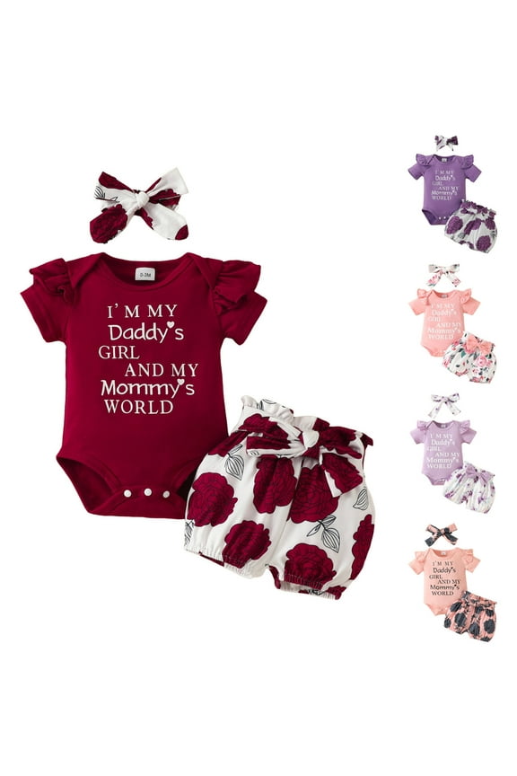 Baby Girl Clothes Daddys Girl Short Sleeve Romper Floral Shorts Headband Summer Outfits ,9-12 Months