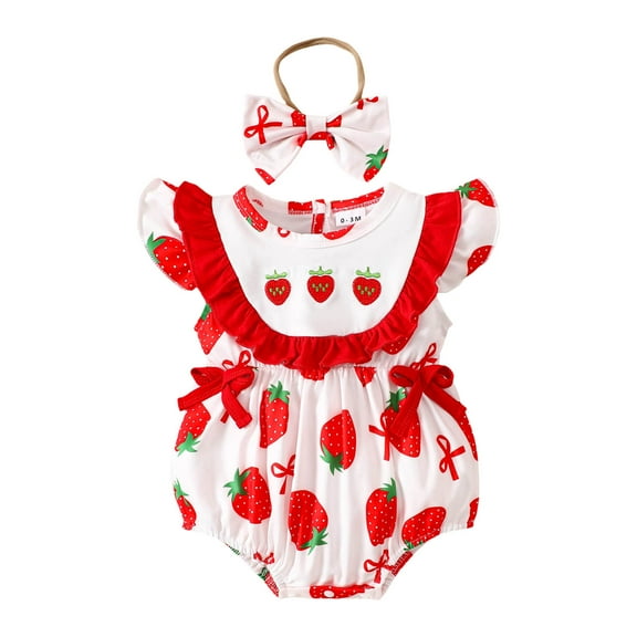 Sopiago Baby Girl Clothes Fruit Print 3 6 12 18 Months Ruffled Flying Sleeve Bodysuit Jumpsuit Rompers for Baby Girls (Red,12-18 Months)