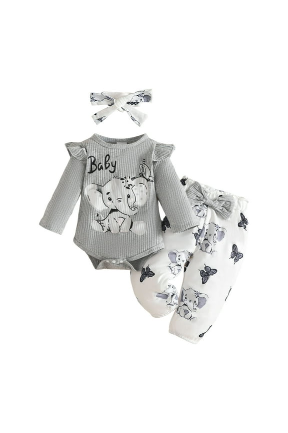 Baby Girl Clothes Outifts Long Sleeve Romper Floral Pant Set Fall Winter Baby Girls' Clothing 3-6 Months,Grey