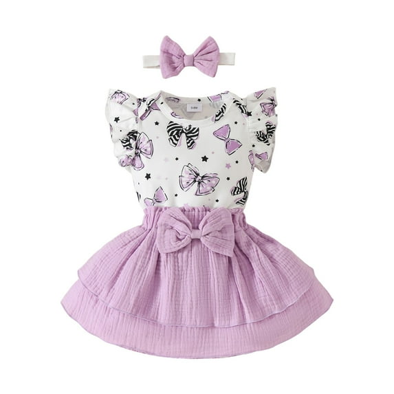 Sopiago Baby Girl Clothes Ruffle Sleeve Romper Shorts Set Cute Summer Outfits Cotton Baby Clothes for Girls with Headband Purple,3-6 Months