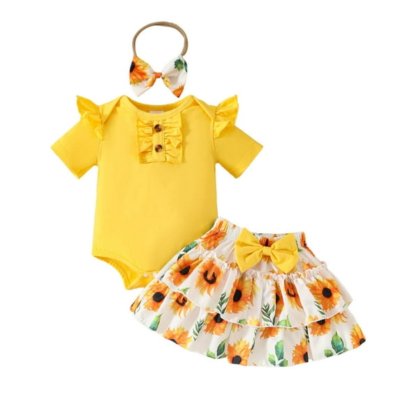 Sopiago Baby Girl Clothes Short Sleeve Romper Floral Shorts Headband Summer Outfits Yellow,0-3 Months