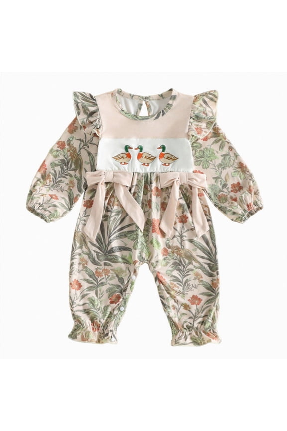 Newborn Baby Girl Hunting Outfit Camo Ruffle Long Sleeve Romper Jumpsuit Smocked Bubble One Piece Clothes（Beige,12-18 Months）