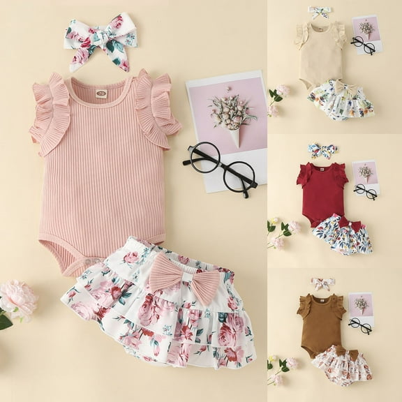 Sopiago Baby Girl Summer Clothes Girl Outfits Romper Shorts Headband Set Cute Baby Clothes Girls Pink,3-6 Months
