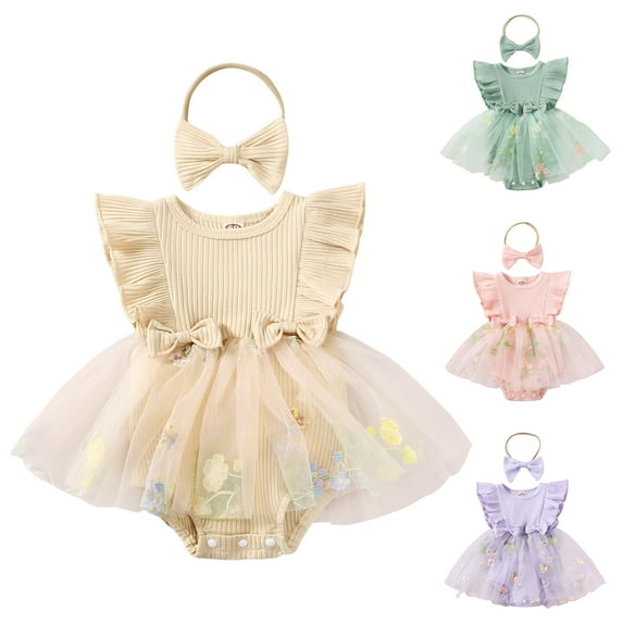 Sopiago Baby Girl Summer Romper Dress Fly Sleeve Flower Embroidery Mesh Tulle Dresses Hem Ribbed Bodysuit Beige,12-18 Months