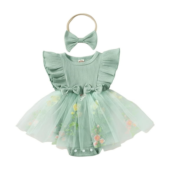 Sopiago Baby Girl Summer Romper Dress Fly Sleeve Flower Embroidery Mesh Tulle Dresses Hem Ribbed Bodysuit Green,3-6 Months