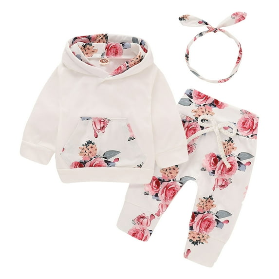 Sopiago Newborn Baby Girls Clothes 0-18 Months Girls 3PCS Fall Winter Outfits Flower Print Infant Girls Long Sleeve Hoodie Top Pants Headband Set 0-3 Months,Beige
