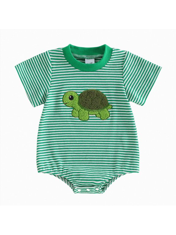 Newborn Boy Turtle Romper Short Sleeve Waffle Striped Shark Bodysuit Summer Clothes Infant Baby Sea Animal Outfit, Size 12-18 Months