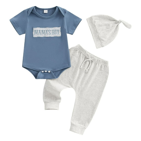 Sopiago Baby Boy Clothes Letter Print Romper Pants Set Hat 3PC Cute Baby Boy Outfits Set 9-12 Months,Blue