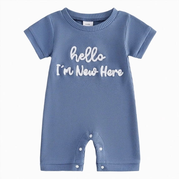 Sopiago Newborn Infant Baby Boy Summer Jumpsuit Letter Embroidery Short Sleeve Crew Neck Romper Waffle Outfit Boy Baby Clothes Blue,0-3 Months