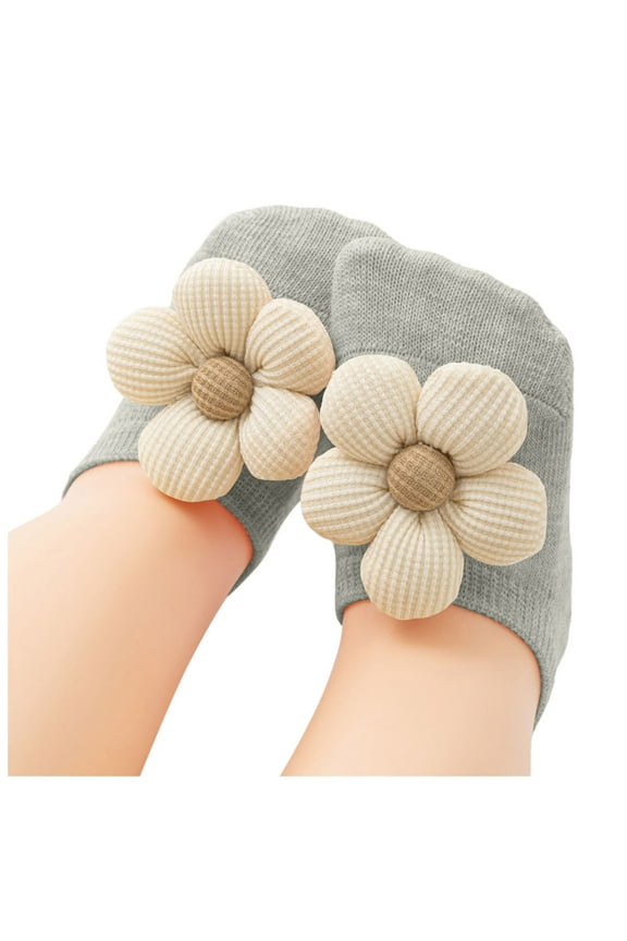 Non-slip Baby Girl Socks With Grips for Newborn Infant Toddler Girls,Soft Ankle Socks Toddler Flowers Design Grip Socks 0-1 Years,Grey