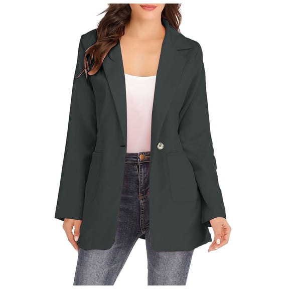 Sopiago Open Front Blazer for Women Long Sleeve Casual Office Slim Button Suit Jacket with Pockets Grey,M