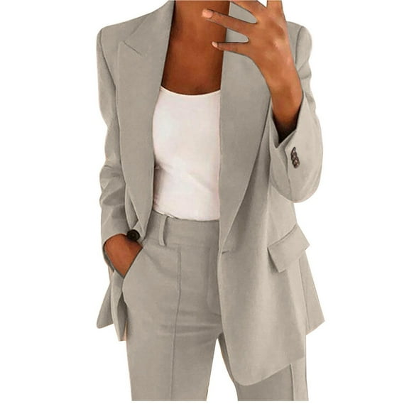 Sopiago Open Front Blazer for Women Work Casual Office Long Sleeve Fashion Dressy Business Blazer Women Beige,L