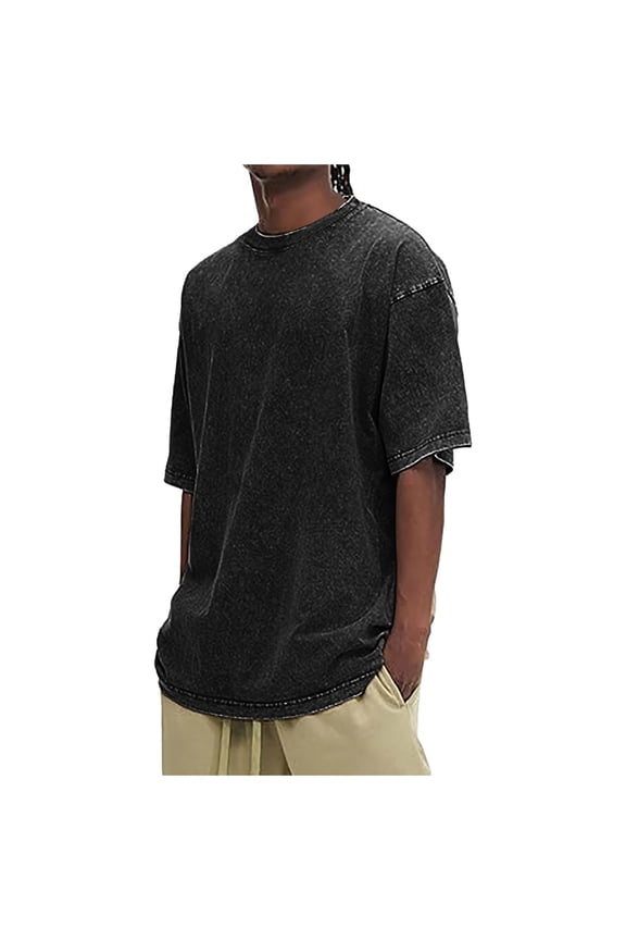 Oversized Mens T Shirt Short Sleeve Vintage Washed Basic Loose Tees Black,L