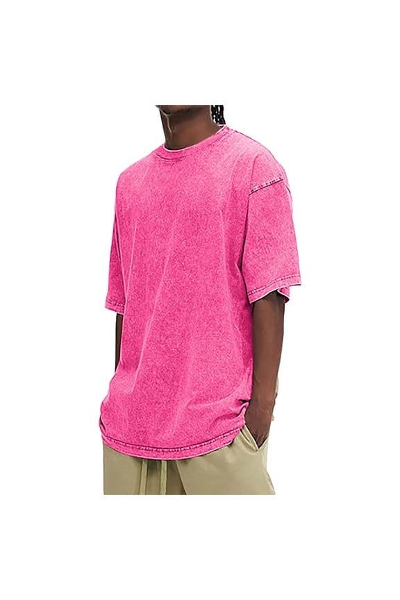 Oversized T Shirts Men Vintage Tees Casual Loose Fit Retro Streetwear Shirts Acid Wash Tees Baggy Tops Hot Pink,3XL