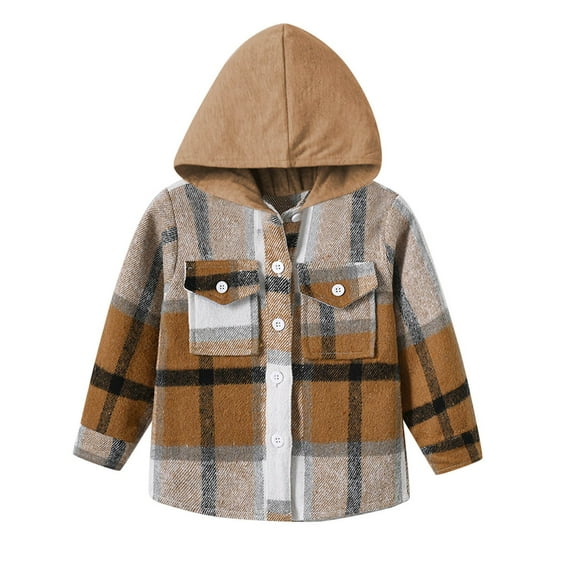 Sopiago Plaid Shirts for Boys Fall Winter Clothes Flannel Hooded Plaid Shirt Jacket Button Down Shirt Khaki,5-6 Years