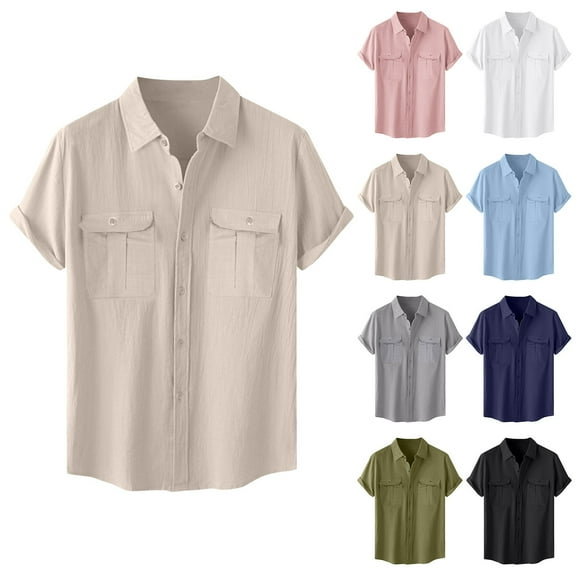 Sopiago Plus Size Summer Cotton Linen Shirts for Men Big and Tall Regular Fit Mens Button Down Short Sleeve Shirt Casual Lightweight Solid Color T-Shirts Tops Beige,XL