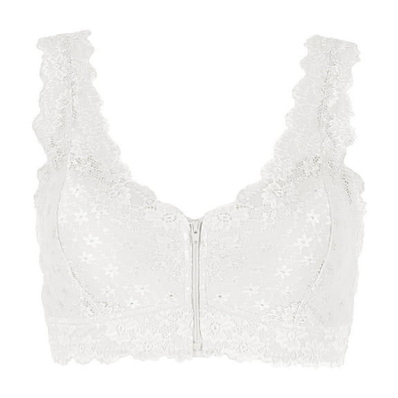 Sopiago Racerback Bra Women's Plus Size Front-Close Embroidered Wireless Posture Bra White,M