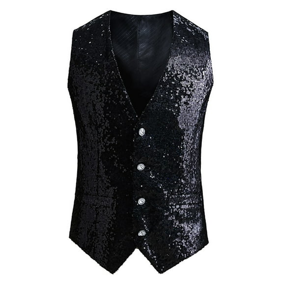 Sopiago Shiny Sequin Vest Men V-Neck Party Sleeveless Suit Prom Vest for Men Waistcoat Black,3XL