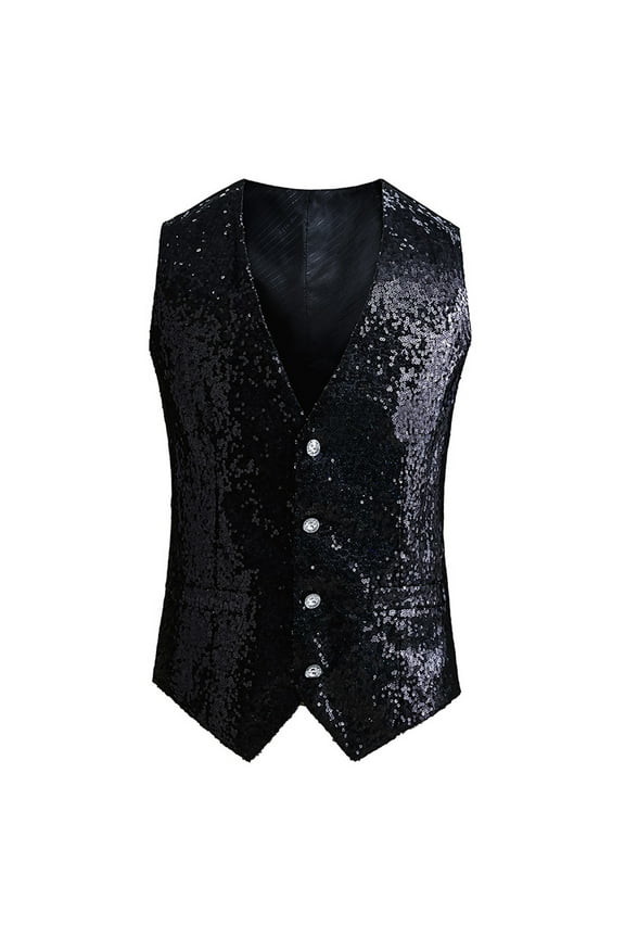 Shiny Sequin Vest Men V-Neck Party Sleeveless Suit Prom Vest for Men Waistcoat Black,3XL