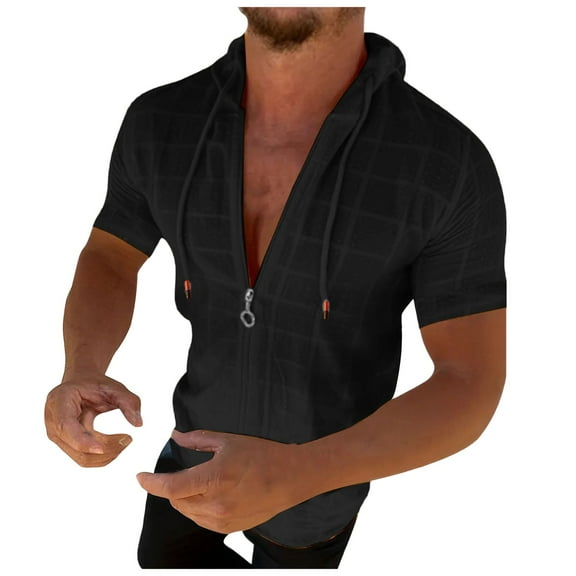 Sopiago Short Sleeve Hoodies for Men Cotton Hoodies Summer Sweatshirt Lightweight Breathable Mens Big and Tall T Shirts Workout Shirts Pullover Black,L