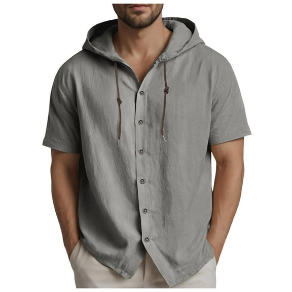 Sopiago Short Sleeve Linen Shirts for Men Casual Roll-Up Sleeve Mens Shirts Button Down Summer Shirts Tops with Hood Beach Grey,S
