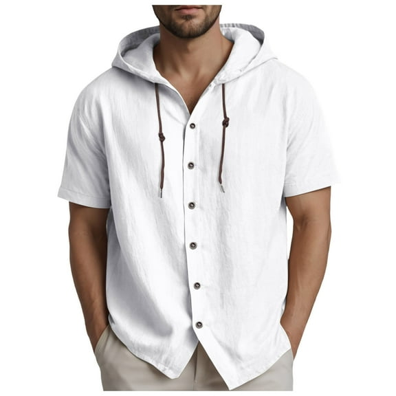 Sopiago Short Sleeve Linen Shirts for Men Casual Summer Men's Button Down Shirts Cotton Linen Beach Hoodie Top with Hood White,3XL