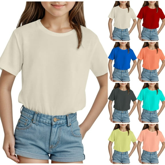 Sopiago Short Sleeve T Shirts for Girls Summer Tops Toddler Crewneck T Shirts Beige,5-6 Years