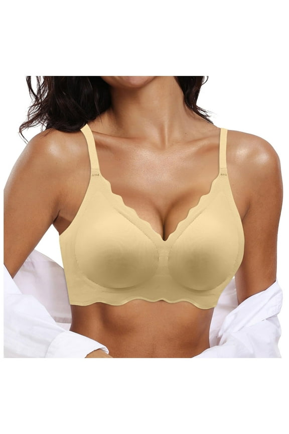 Womens Comfortable Wireless Bras Push Up Seamless Bralettes Soft V Neck Brassiere Scalloped Full Coverage Everyday Bra Yellow,M