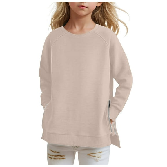 Sopiago Sweatshirts for Girls Oversized Fashion Long Sleeve Crewneck Solid Color Pullover Tops Side Split Beige,5-6 Years