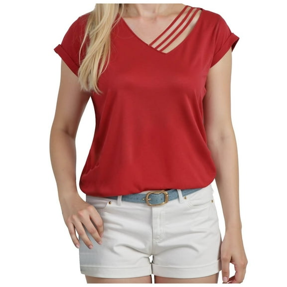 Sopiago T Shirt for Women V Neck Slim Fitted Short Sleeve Basic Tee Tops Loose Casual Bottoming Pullover Shirts Red,M