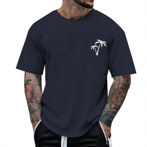 Sopiago T-Shirts for Men Palm Tree Printed Casual Men's T-Shirts Graphic Summer Hawaiian Beach Tops Short Sleeve Crewneck Shirts Navy,XXL