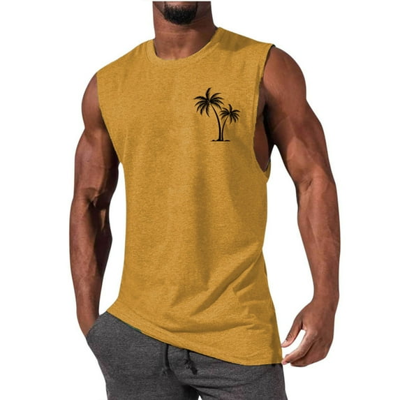 Sopiago Tank Tops Men Hawaiian Palm Tree Print Mens Tank Top Vacation Sleeveless Shirts for Men Muscle Gym Workout Tank Top Yellow,L