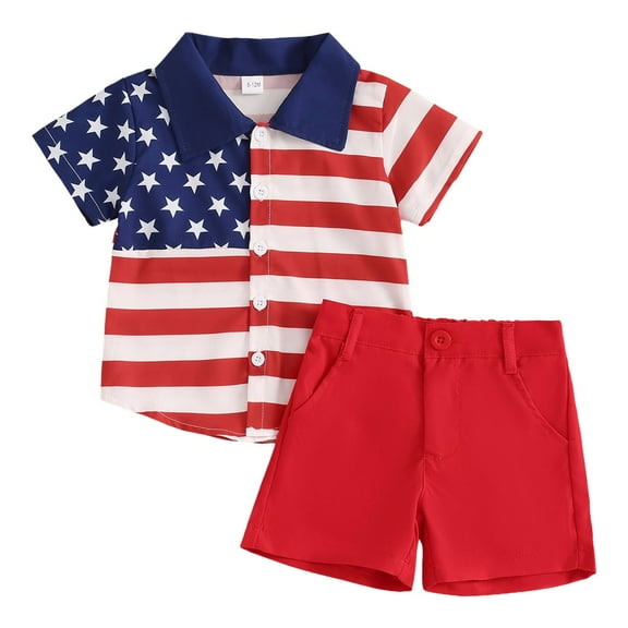 Sopiago Toddler Baby Boy 4th July Outfits Button Down Shirt  Short Pants Set Toddler Boy Festivel Clothes Red,2-3 Years