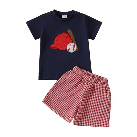 Sopiago Toddler Baby Boy Summer Clothes Baseball Embroidery Short Sleeve T Shirt Plaid Shorts Sets Cute Toddler Boys Outfits Dark Blue,18-24 Months