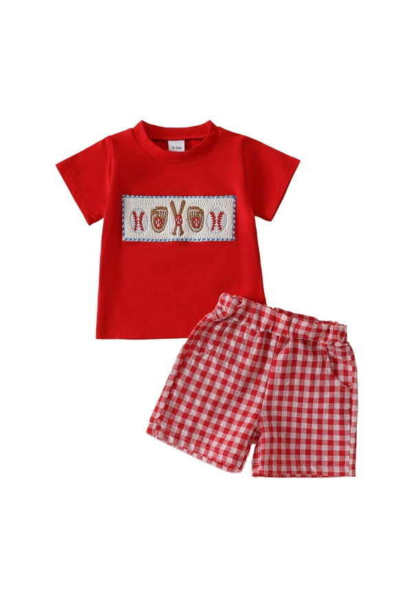 Toddler Baby Boy Summer Clothes Baseball T-shirt Tops and Gingham Plaid Shorts Set Game Day Football Outfit for Baby Boy Red,2-3 Years