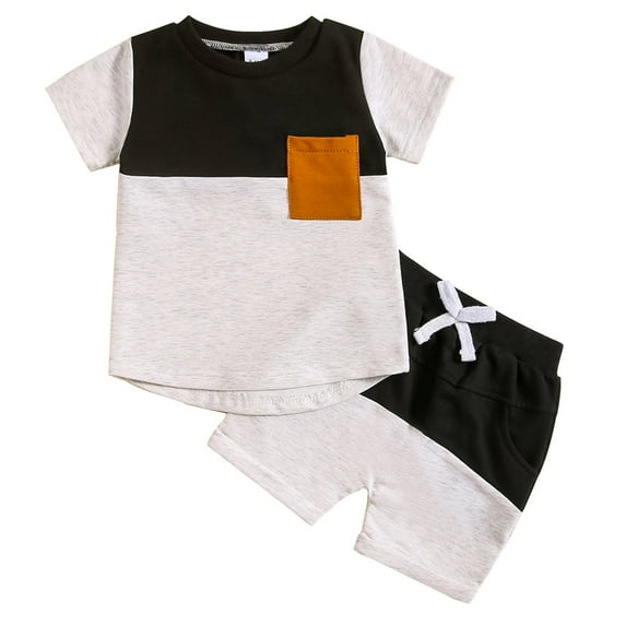 Sopiago Toddler Baby Boy Summer Outfit Short Sleeve Color Block T Shirt Top Casual Shorts Set Clothes Black,6-12 Months