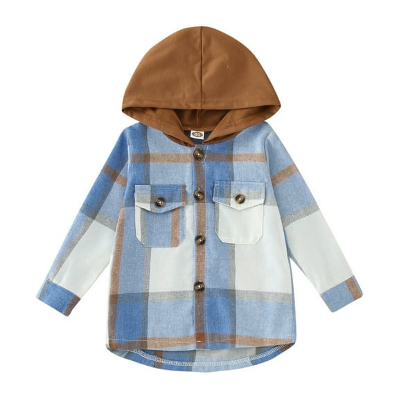 Sopiago Toddler Baby Boys Girls Long Sleeve Hooded Coat Button Down Hooded Plaid Shirt Hoodie Jacket Tops Outwear Fall Winter Clothes Blue,6-12 Months